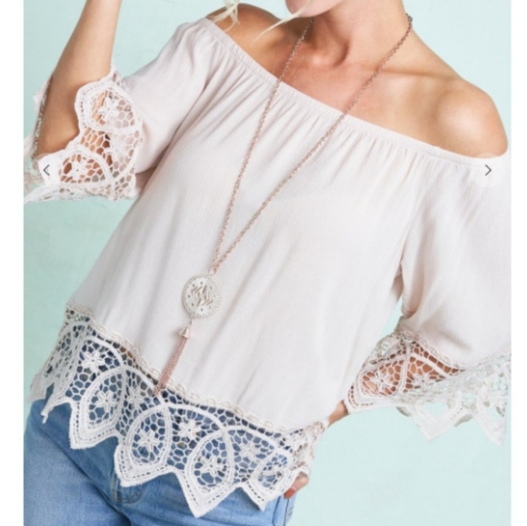 Beige bohemian off the shoulder top - Picture 1 of 4